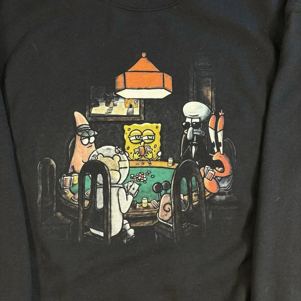 SpongeBob Poker Night Crewneck Sweatshirt Mens Black Graphic Y2K Pullover - Picture 4 of 7